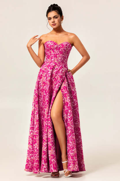 Leely Women Fuchsia Corset Long Floral Wedding Guest Dress Sweetheart A Line Prom Dress with Slit