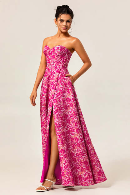 Fuchsia Corset Floral Sweetheart Long Wedding Guest Dress with Slit