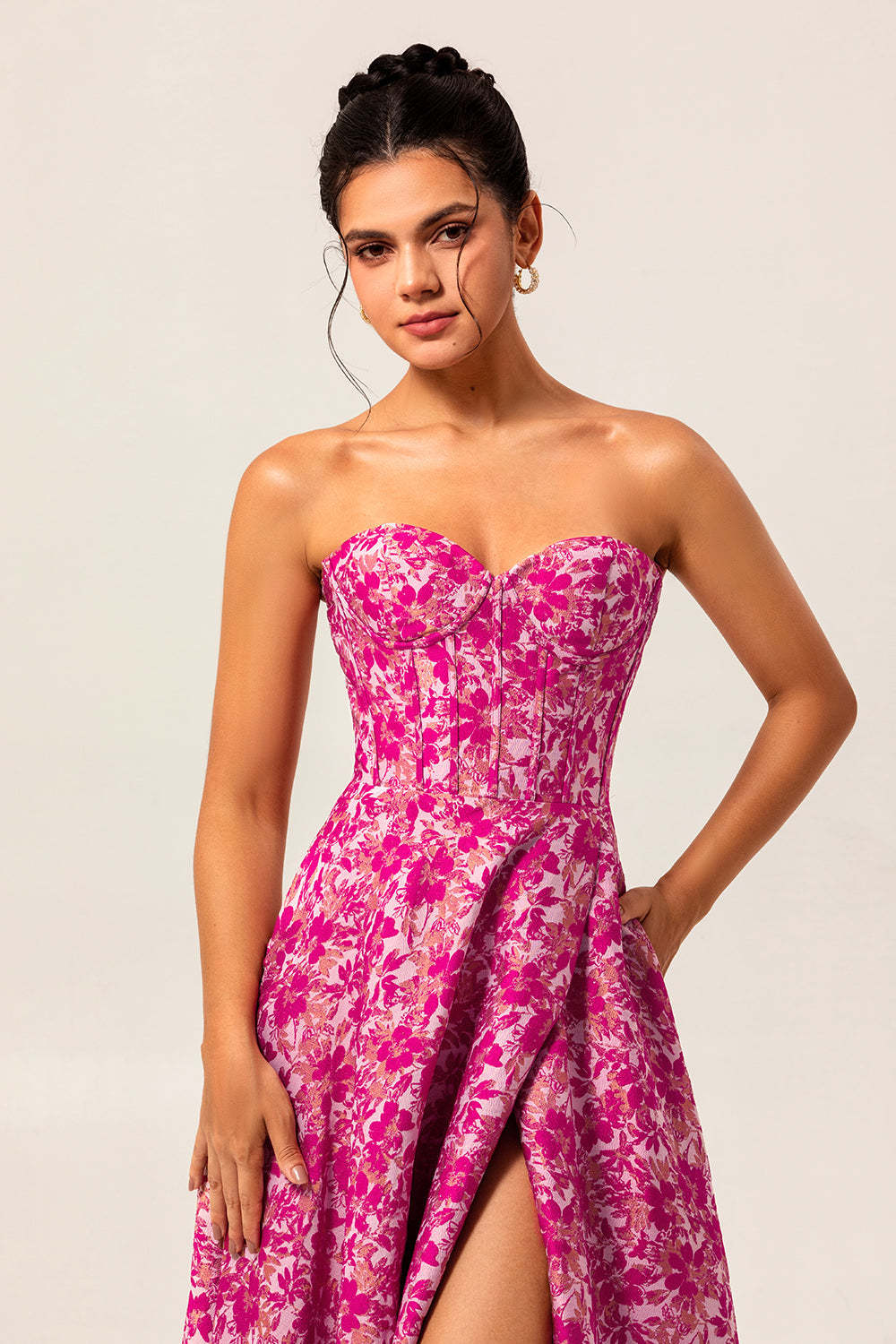 Fuchsia Corset Floral Sweetheart Long Wedding Guest Dress with Slit