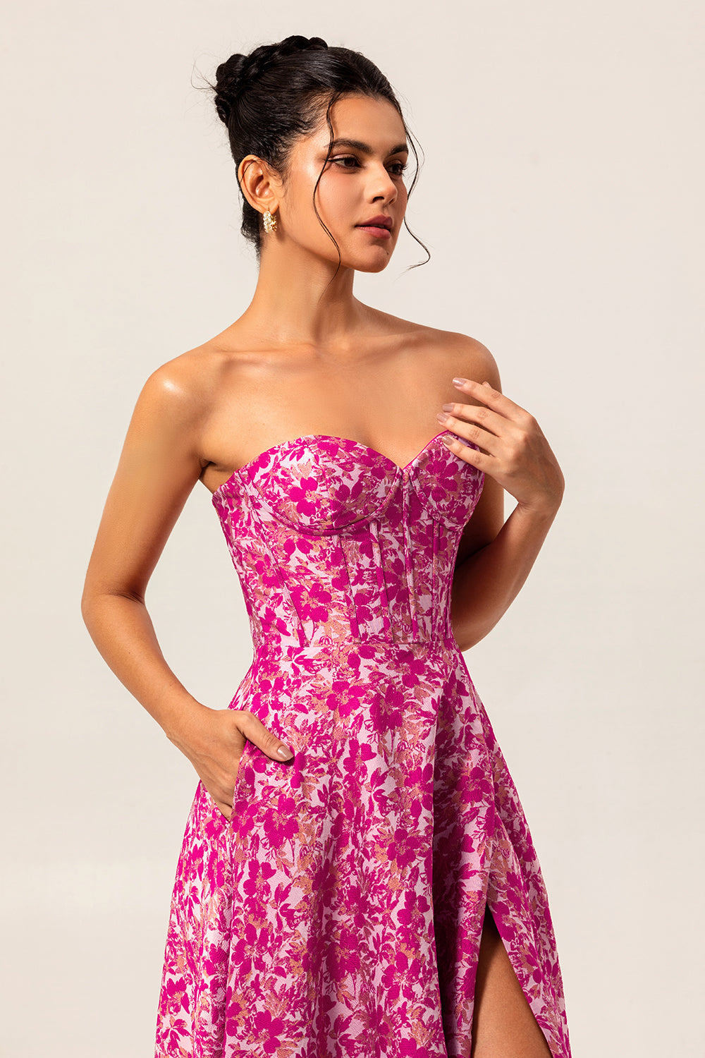 Fuchsia Corset Floral Sweetheart Long Wedding Guest Dress with Slit
