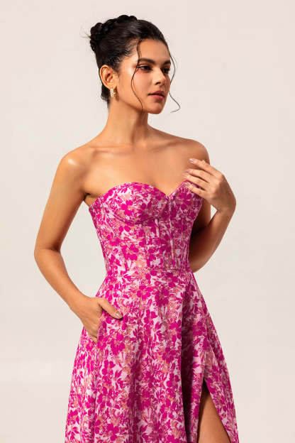 Fuchsia Corset Floral Sweetheart Long Wedding Guest Dress with Slit