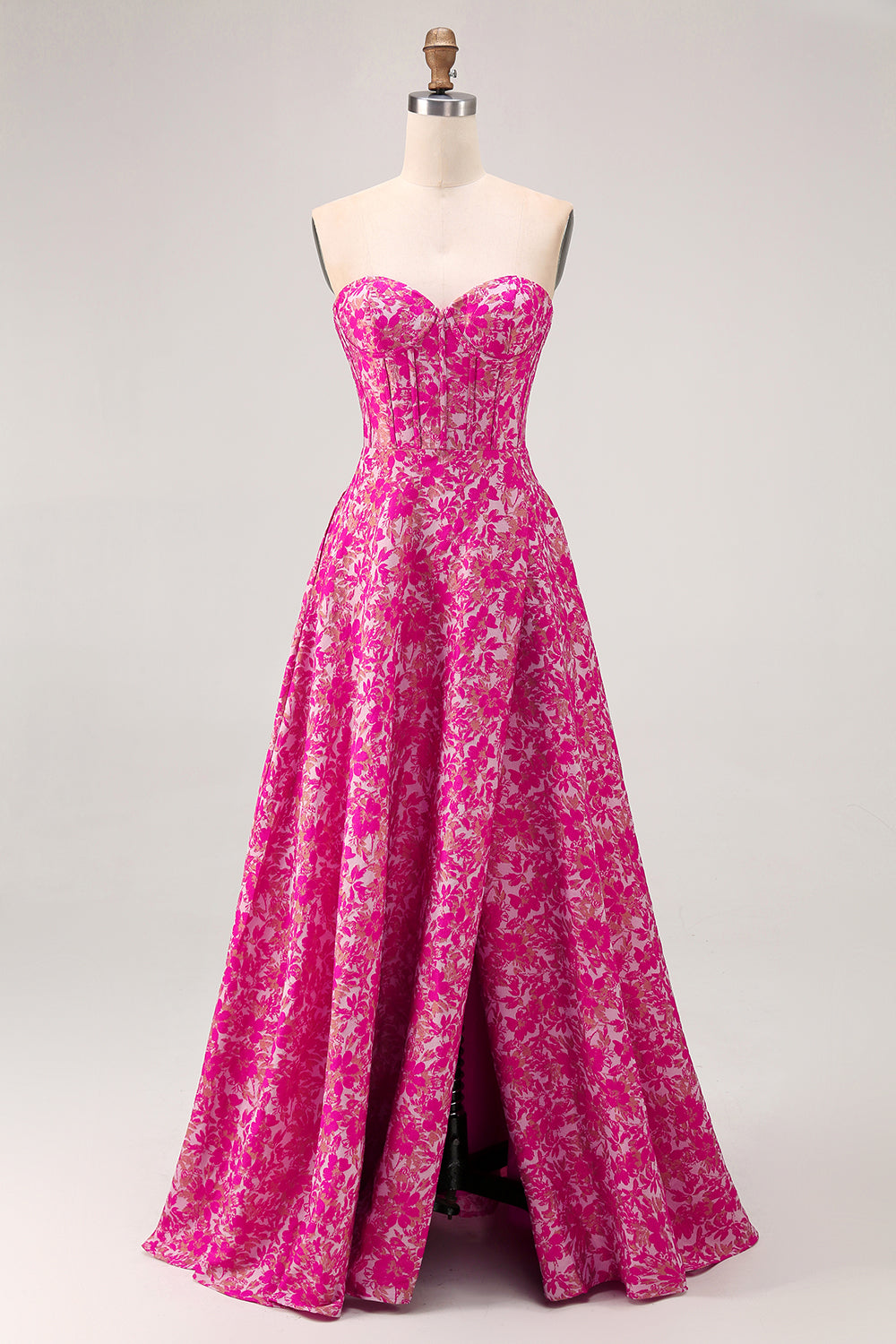 Fuchsia Corset Floral A-Line Long Wedding Guest Dress with Slit