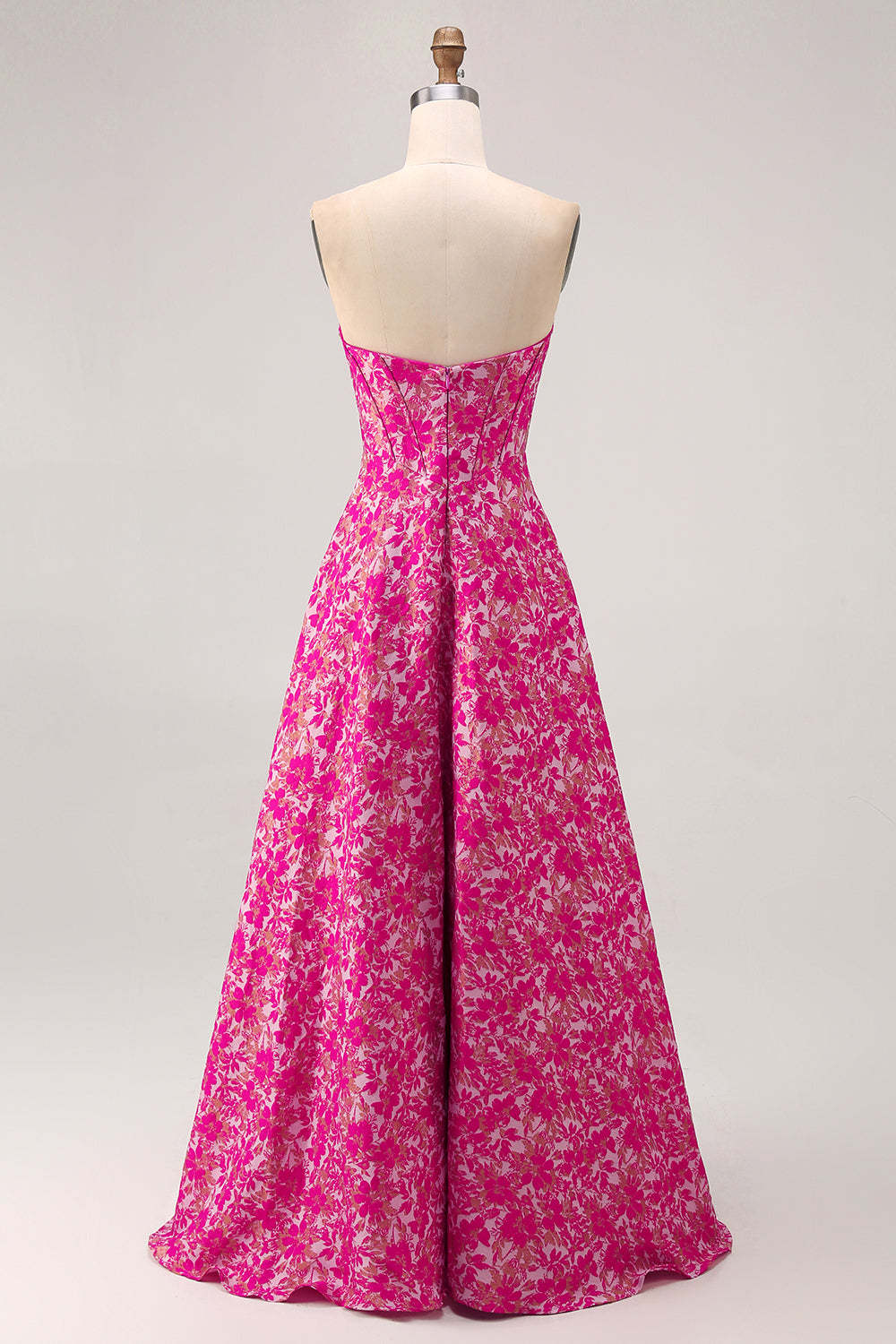 Fuchsia Corset Floral Sweetheart Long Wedding Guest Dress with Slit