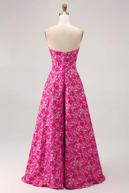 Fuchsia Corset Floral Sweetheart Long Wedding Guest Dress with Slit