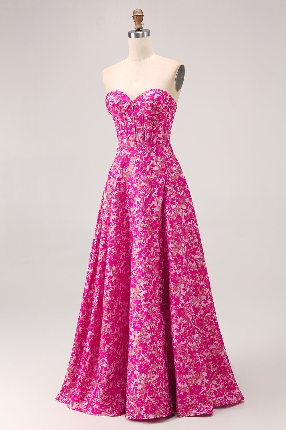 Fuchsia Corset Floral A-Line Long Wedding Guest Dress with Slit