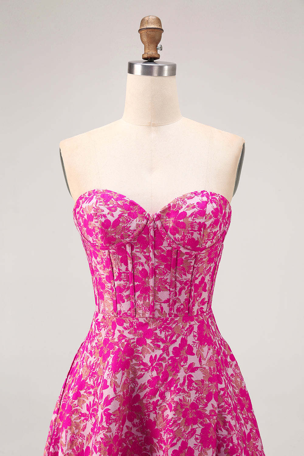 Fuchsia Corset Floral A-Line Long Wedding Guest Dress with Slit