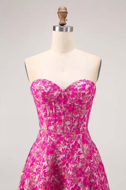 Fuchsia Corset Floral A-Line Long Wedding Guest Dress with Slit