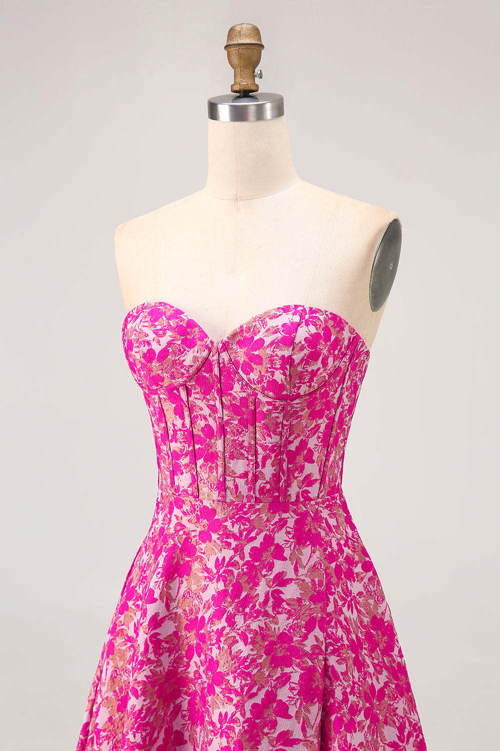 Fuchsia Corset Floral A-Line Long Wedding Guest Dress with Slit