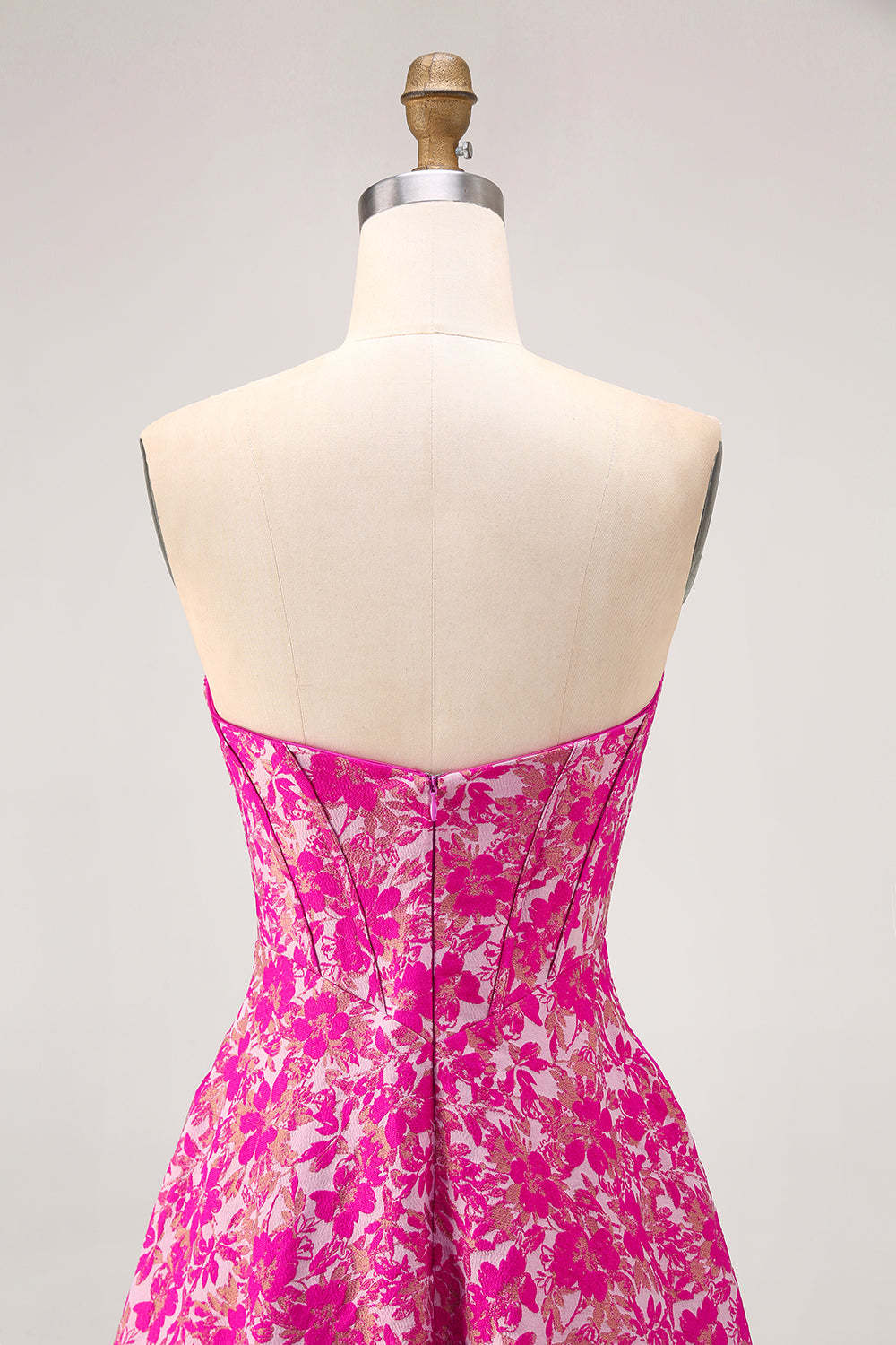 Fuchsia Corset Floral A-Line Long Wedding Guest Dress with Slit