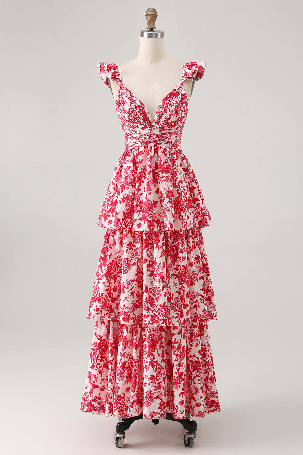 Leely Women Red Tiered Floral Long Bridesmaid Dress V-Neck Cut Out Wedding Guest Dress with Ruffles