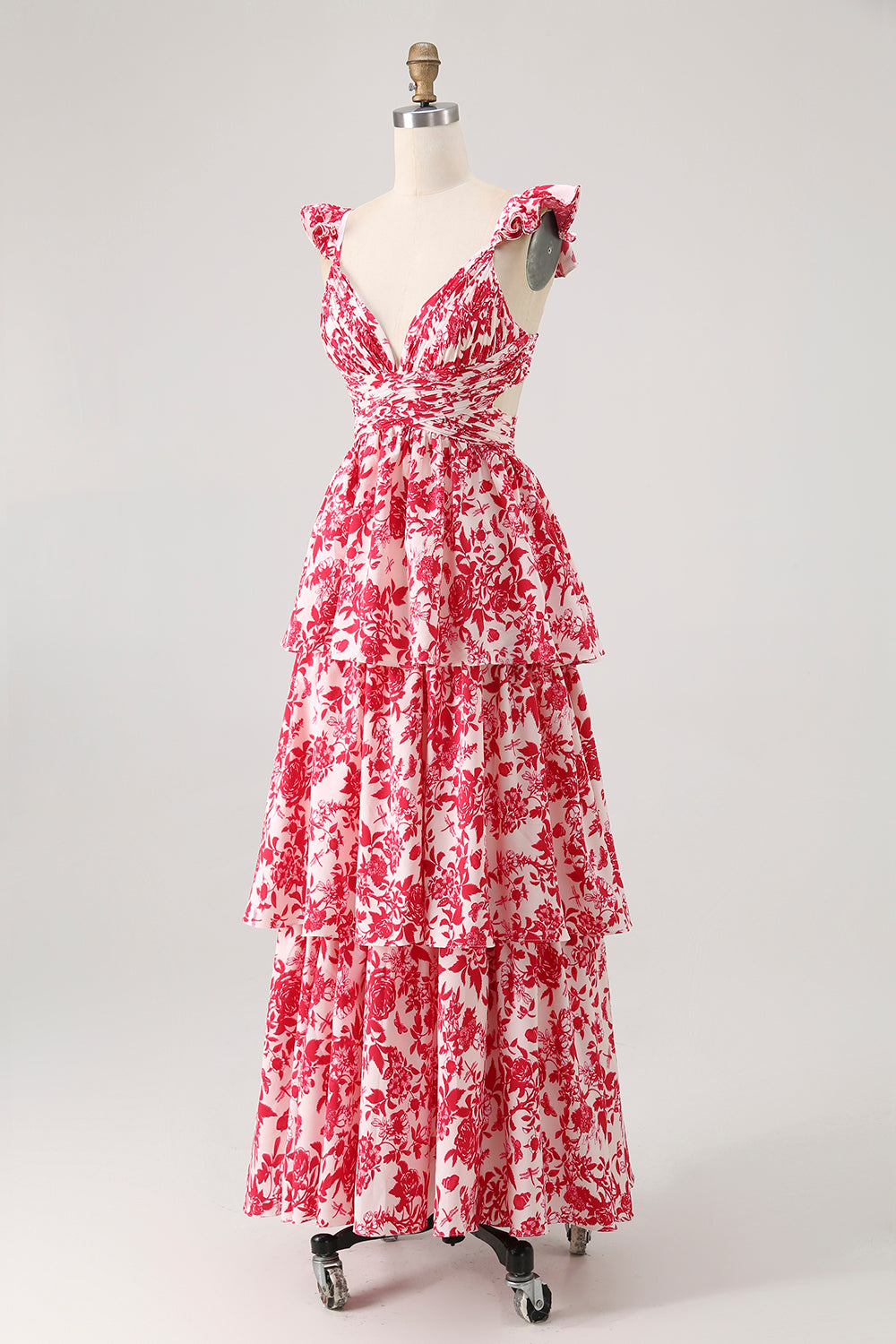 Red Floral Tiered V-Neck Long Bridesmaid Dress with Ruffles