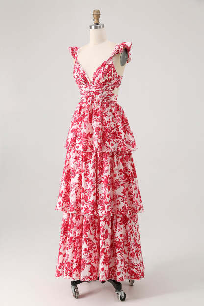 Red Floral Tiered V-Neck Long Bridesmaid Dress with Ruffles