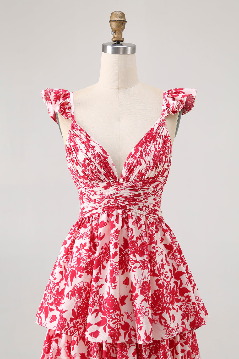 Red Floral Tiered V-Neck Long Bridesmaid Dress with Ruffles