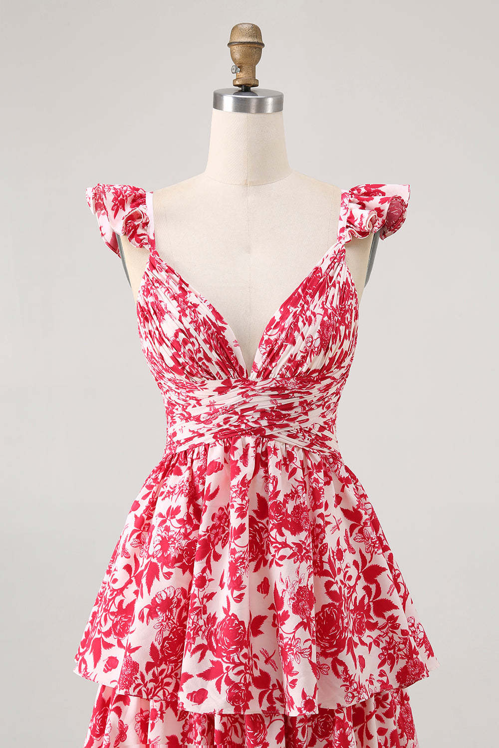 Red Floral Tiered V-Neck Long Bridesmaid Dress with Ruffles