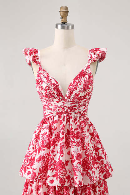 Red Floral Tiered V-Neck Long Bridesmaid Dress with Ruffles