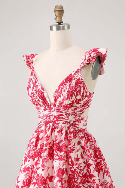 Red Floral Tiered V-Neck Long Bridesmaid Dress with Ruffles