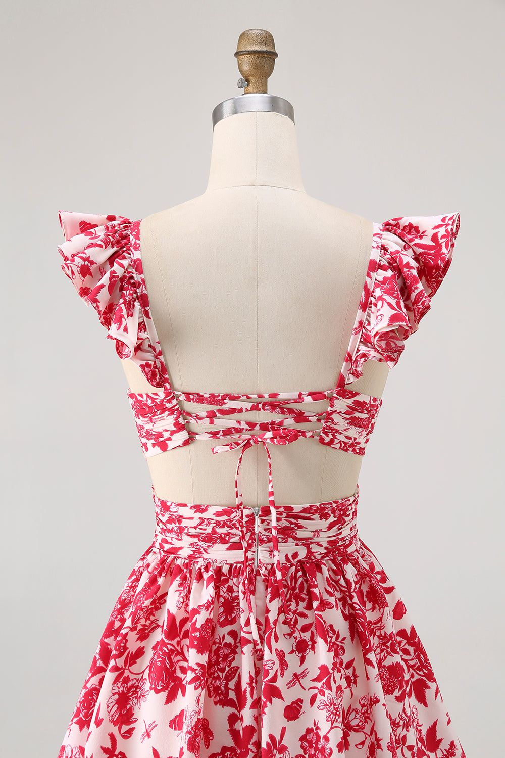 Red Floral Tiered V-Neck Long Bridesmaid Dress with Ruffles