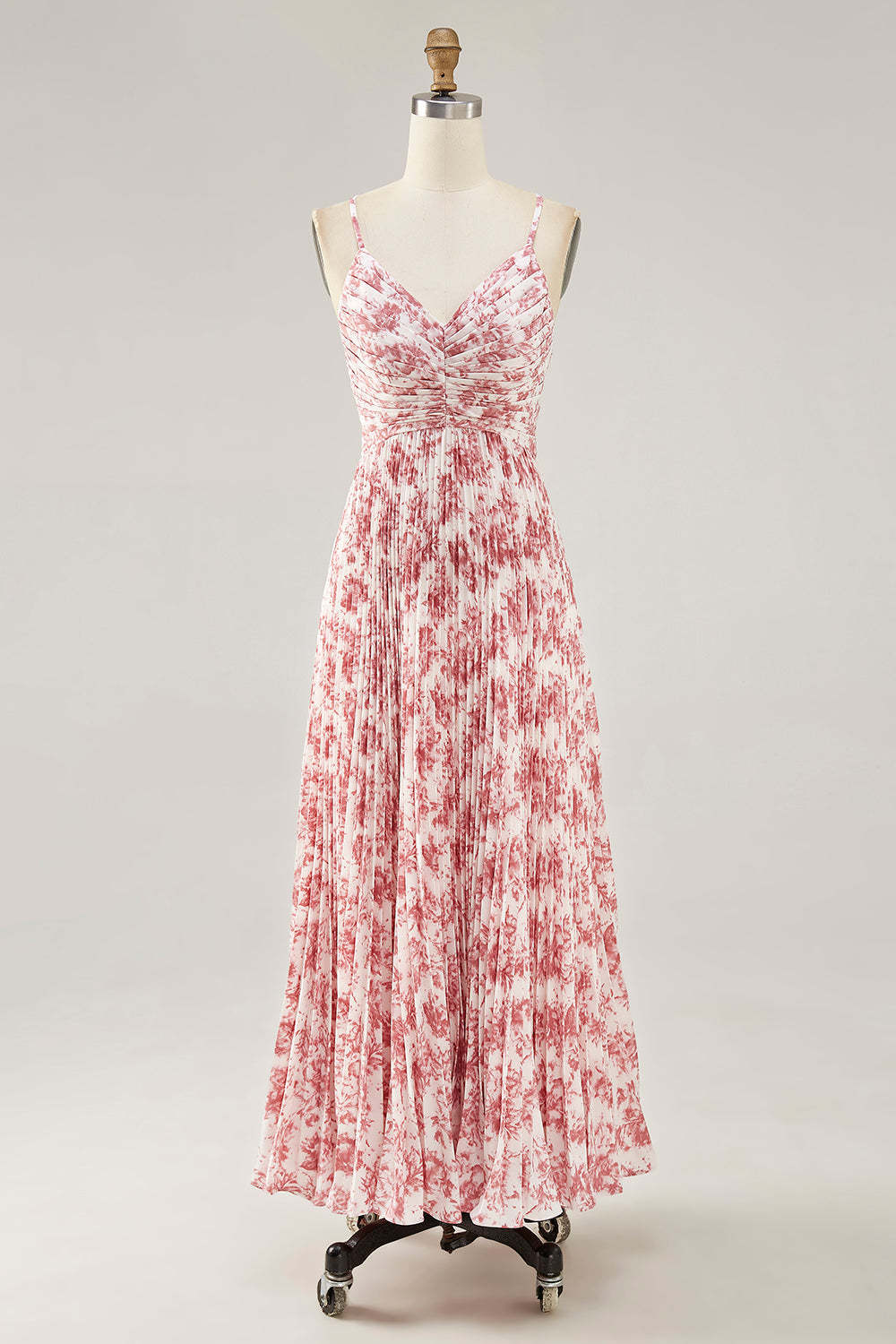 Leely Women Blush Floral Pleated Maxi Wedding Guest Dress with Bow Chiffon A Line Spaghetti Straps Criss Crossed Back Bridesmaid Dress