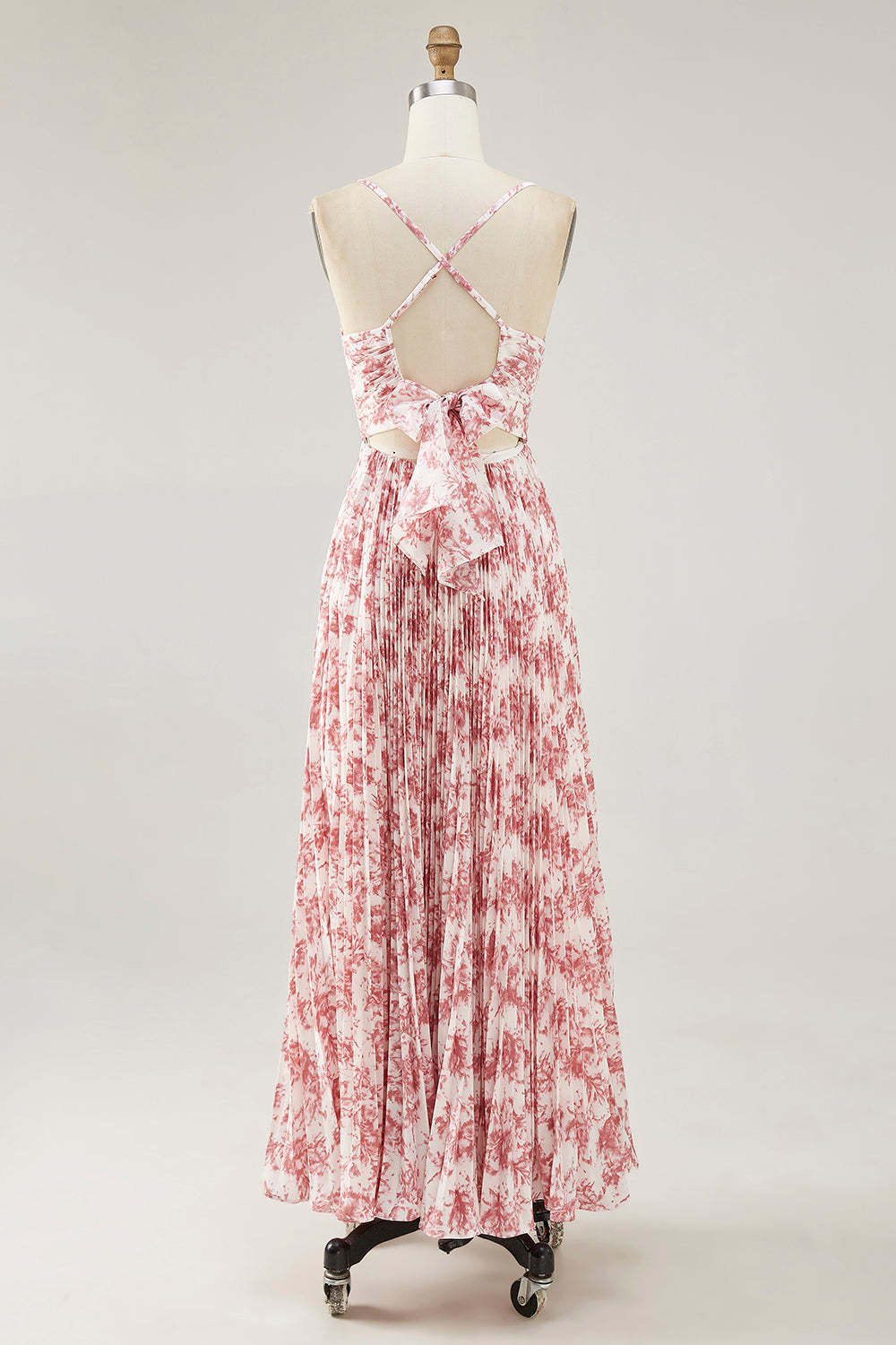 Chiffon A Line Blush Floral Pleated Maxi Wedding Guest Dress with Bow
