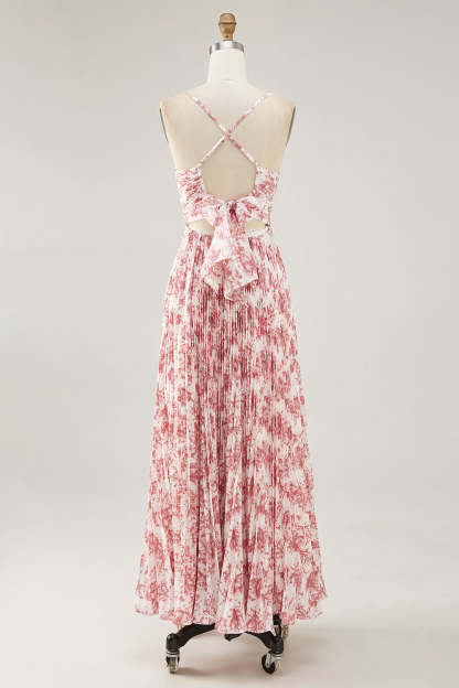 Chiffon A Line Blush Floral Pleated Maxi Wedding Guest Dress with Bow