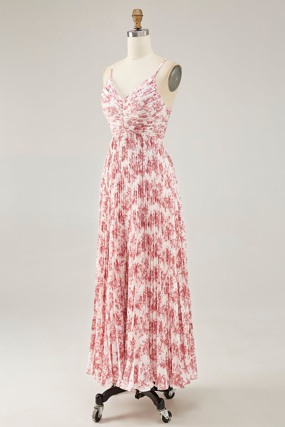 Chiffon A Line Blush Floral Pleated Maxi Wedding Guest Dress with Bow