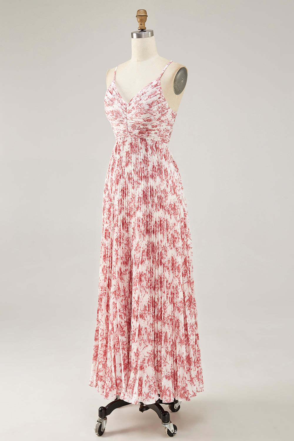 Chiffon A Line Blush Floral Pleated Maxi Wedding Guest Dress with Bow