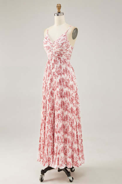 Chiffon A Line Blush Floral Pleated Maxi Wedding Guest Dress with Bow