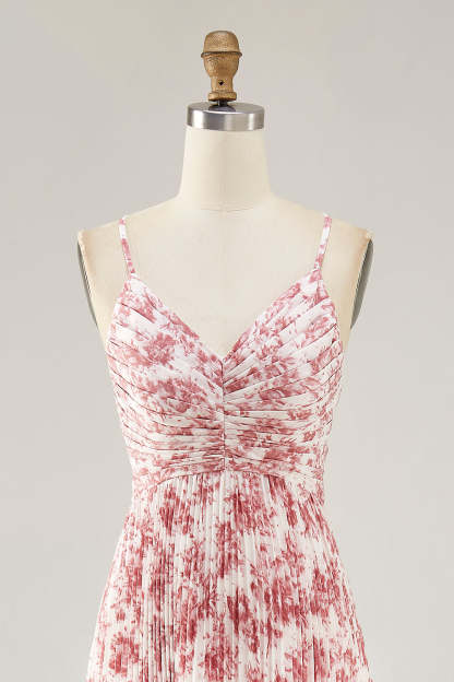 Chiffon A Line Blush Floral Pleated Maxi Wedding Guest Dress with Bow