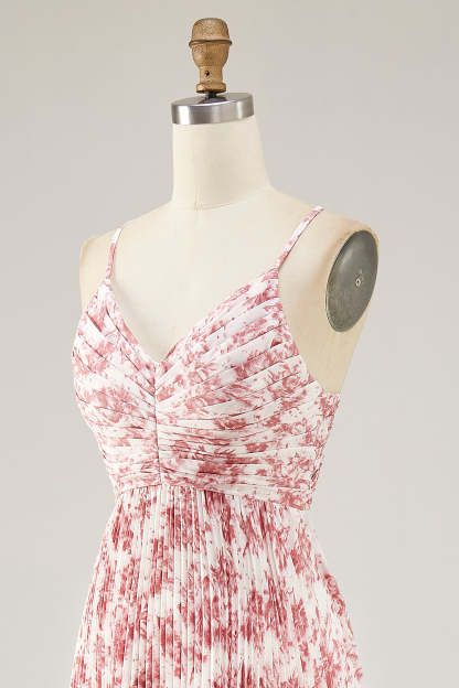 Chiffon A Line Blush Floral Pleated Maxi Wedding Guest Dress with Bow