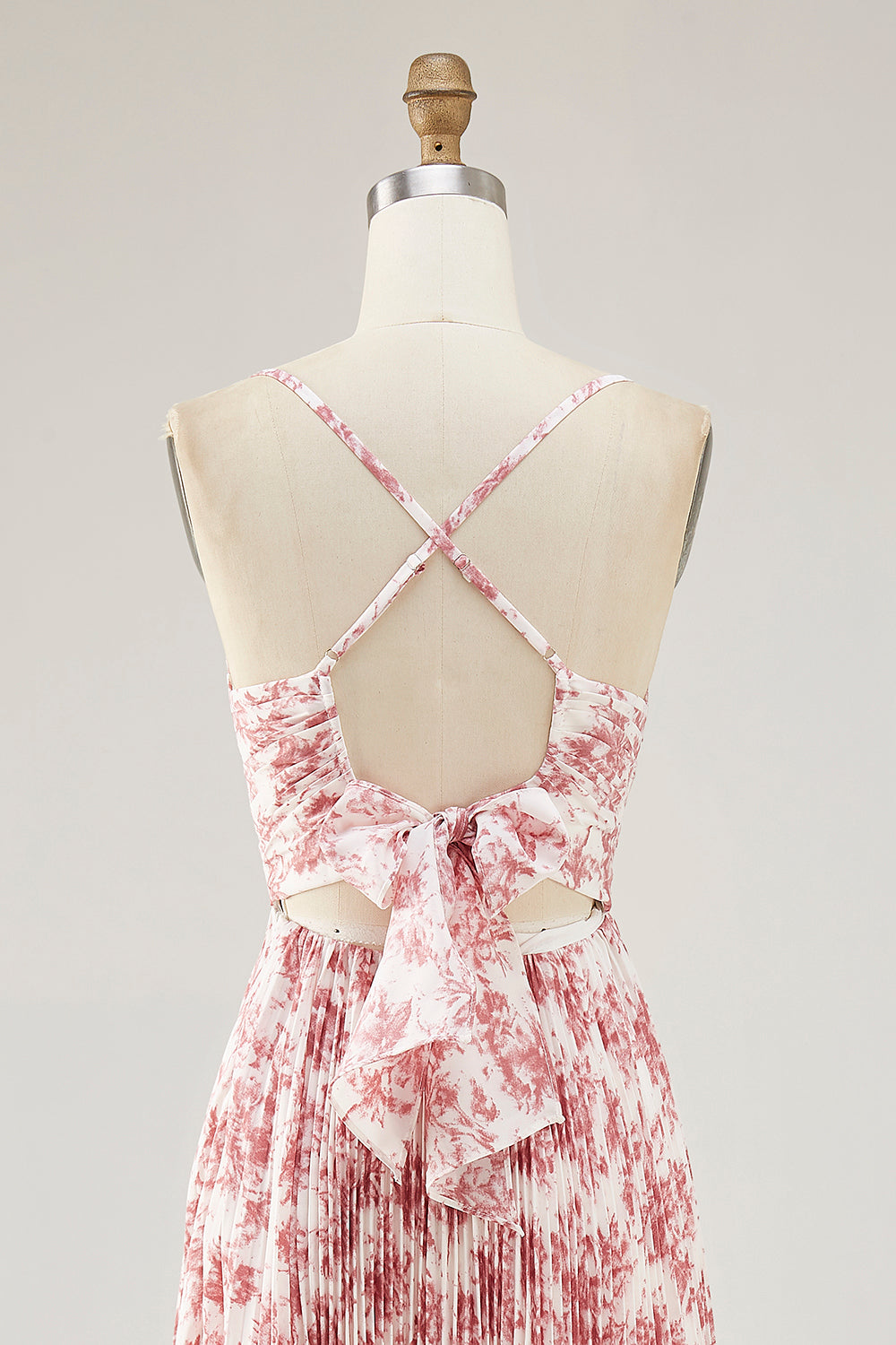 Chiffon A Line Blush Floral Pleated Maxi Wedding Guest Dress with Bow