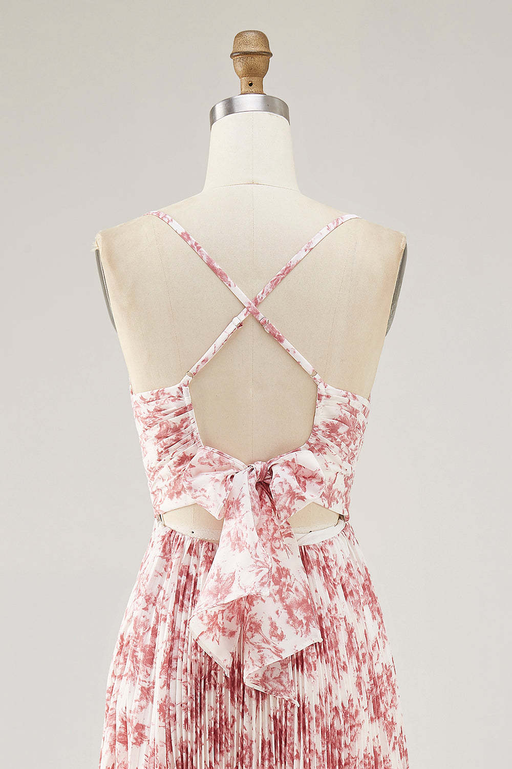 Chiffon A Line Blush Floral Pleated Maxi Wedding Guest Dress with Bow