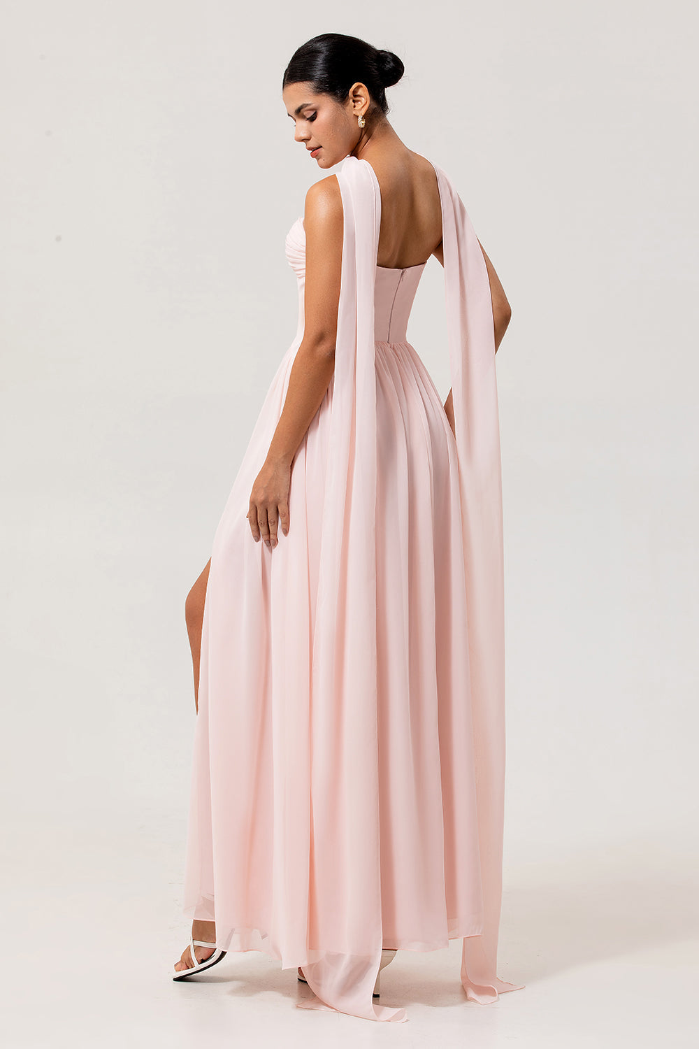 Blush Corset Chiffon Neck Scarf Long Bridesmaid Dress with Slit