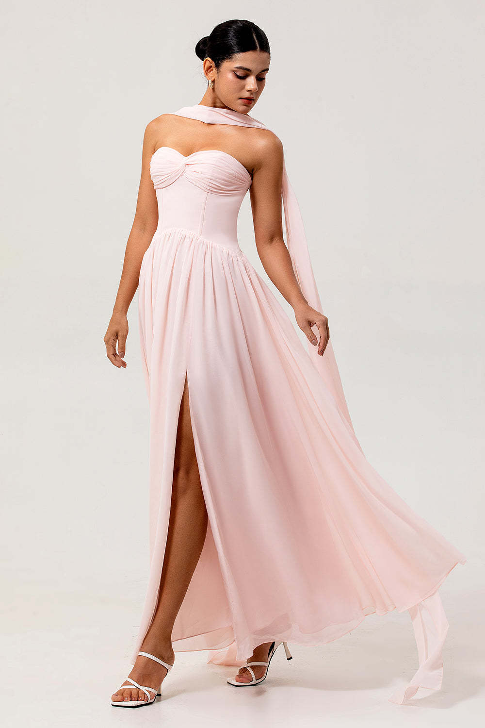Blush Corset Chiffon Neck Scarf Long Bridesmaid Dress with Slit