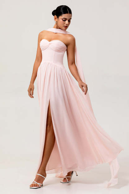 Blush Corset Chiffon Neck Scarf Long Bridesmaid Dress with Slit