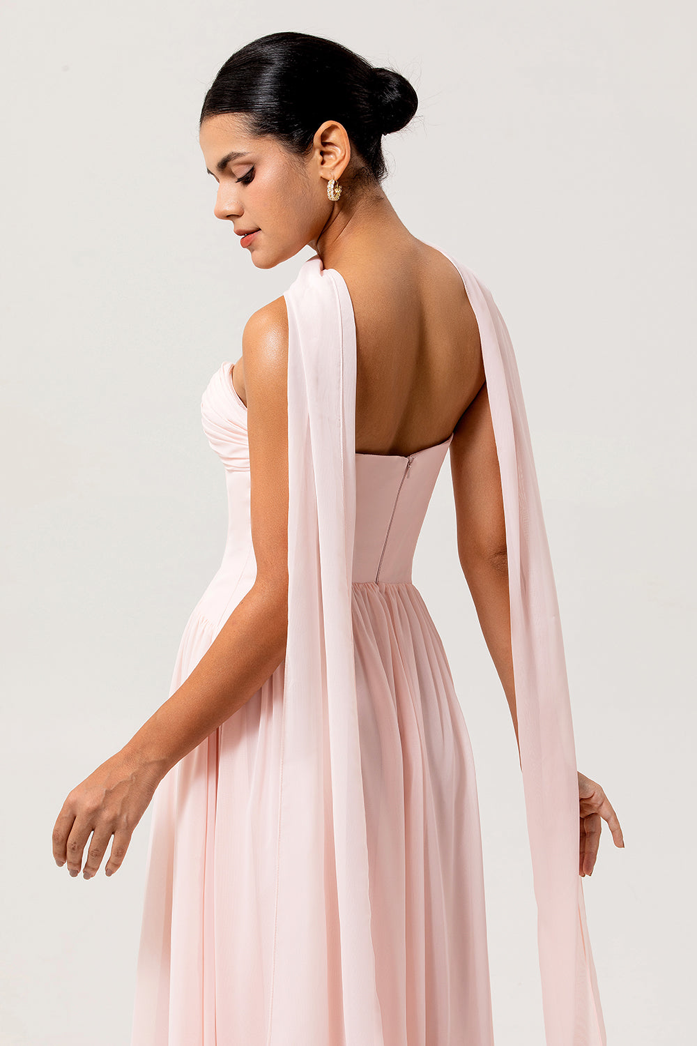 Blush Corset Chiffon Neck Scarf Long Bridesmaid Dress with Slit