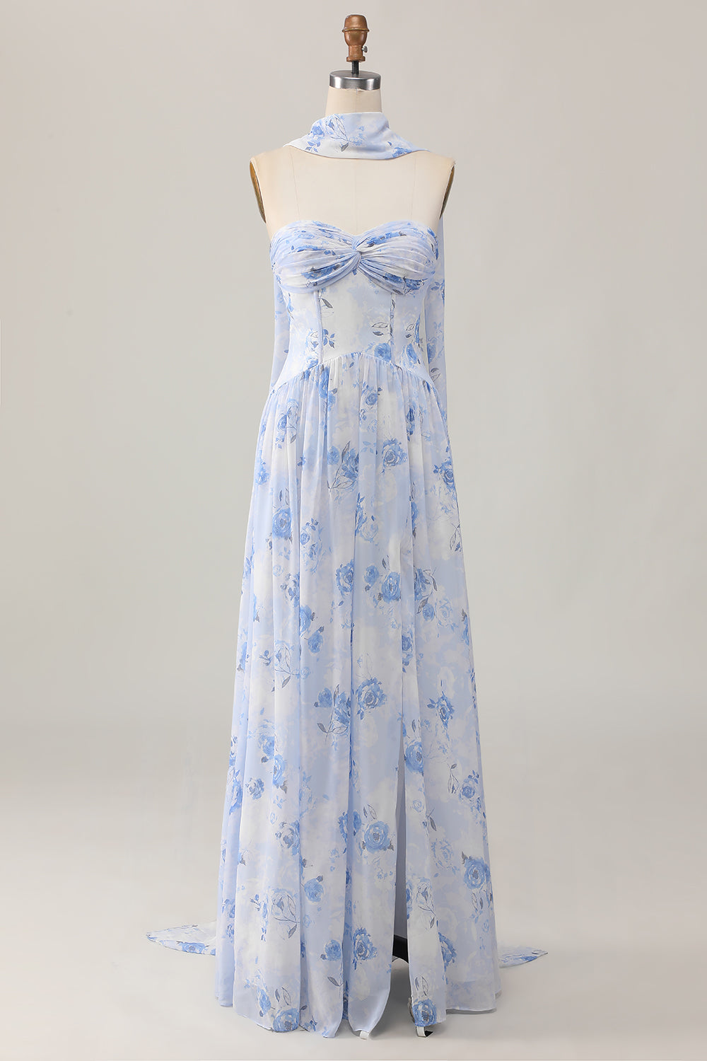 Blue Floral Corset Neck Scarf Maxi A Line Wedding Guest Dress with Slit