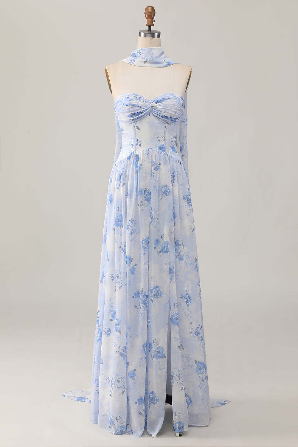 Blue Corset Floral Neck Scarf Maxi Wedding Guest Dress with Slit