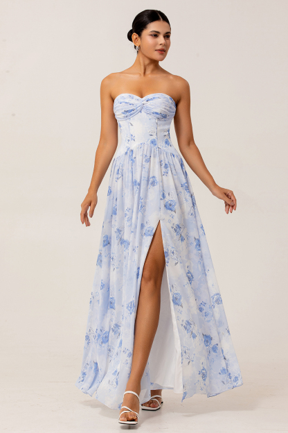 Blue Floral Corset Neck Scarf Maxi A Line Wedding Guest Dress with Slit