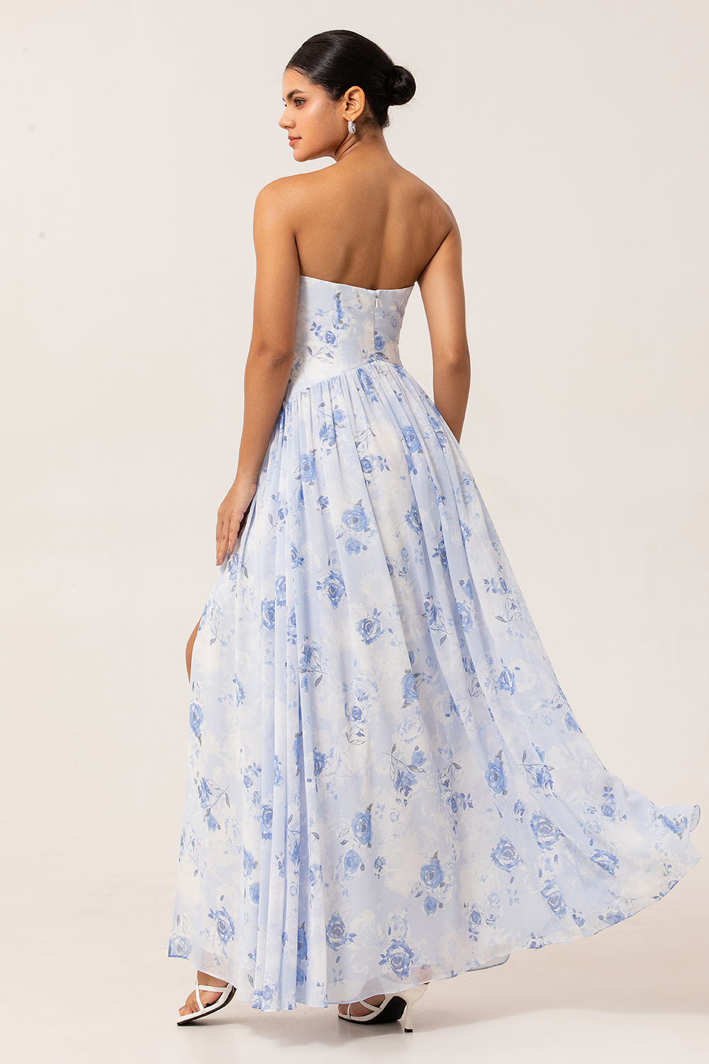 Blue Floral Corset Neck Scarf Maxi A Line Wedding Guest Dress with Slit