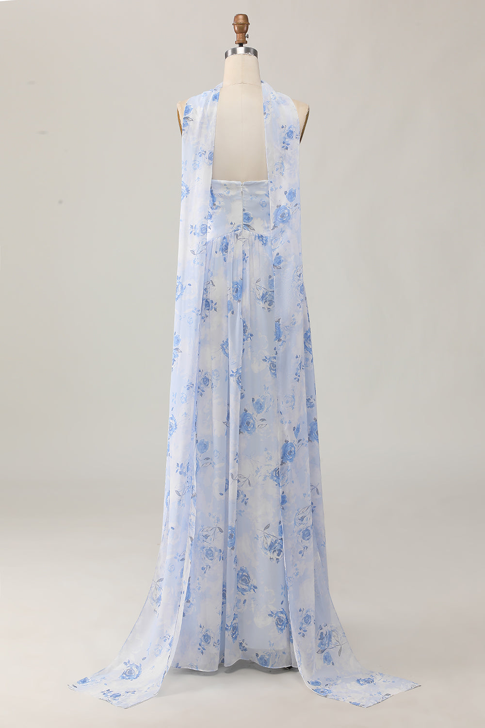 Blue Floral Corset Neck Scarf Maxi A Line Wedding Guest Dress with Slit