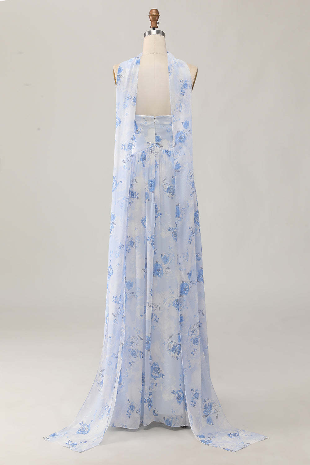 Blue Corset Floral Neck Scarf Maxi Wedding Guest Dress with Slit