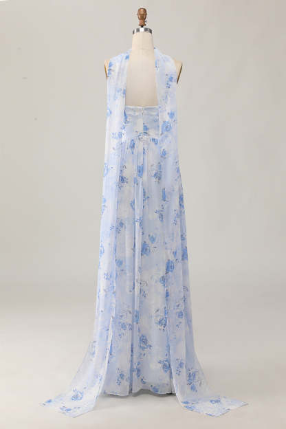 Blue Corset Floral Neck Scarf Maxi Wedding Guest Dress with Slit