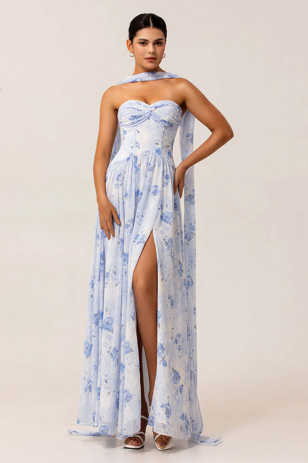 Leely Women Blue Corset Chiffon Summer Wedding Guest Dress A Line Neck Scarf Floral Ruched Maxi Bridesmaid Dress with Slit