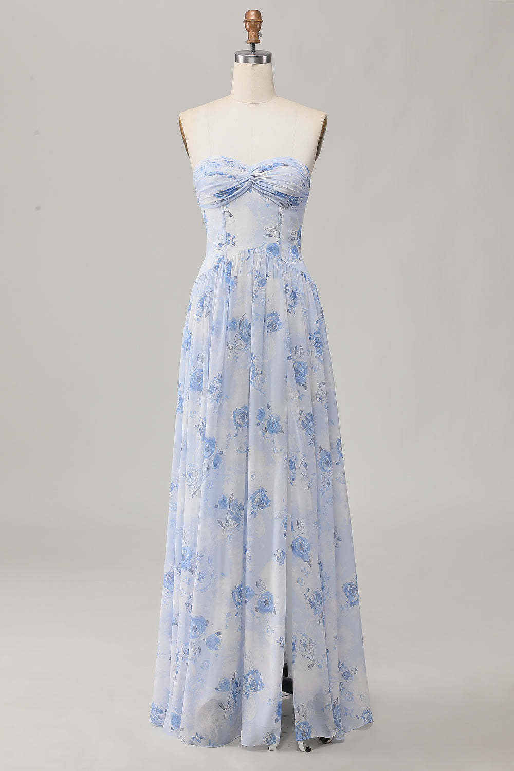 Blue Floral Corset Neck Scarf Maxi A Line Wedding Guest Dress with Slit