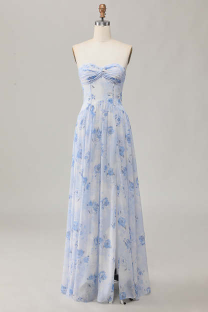 Blue Floral Corset Neck Scarf Maxi A Line Wedding Guest Dress with Slit