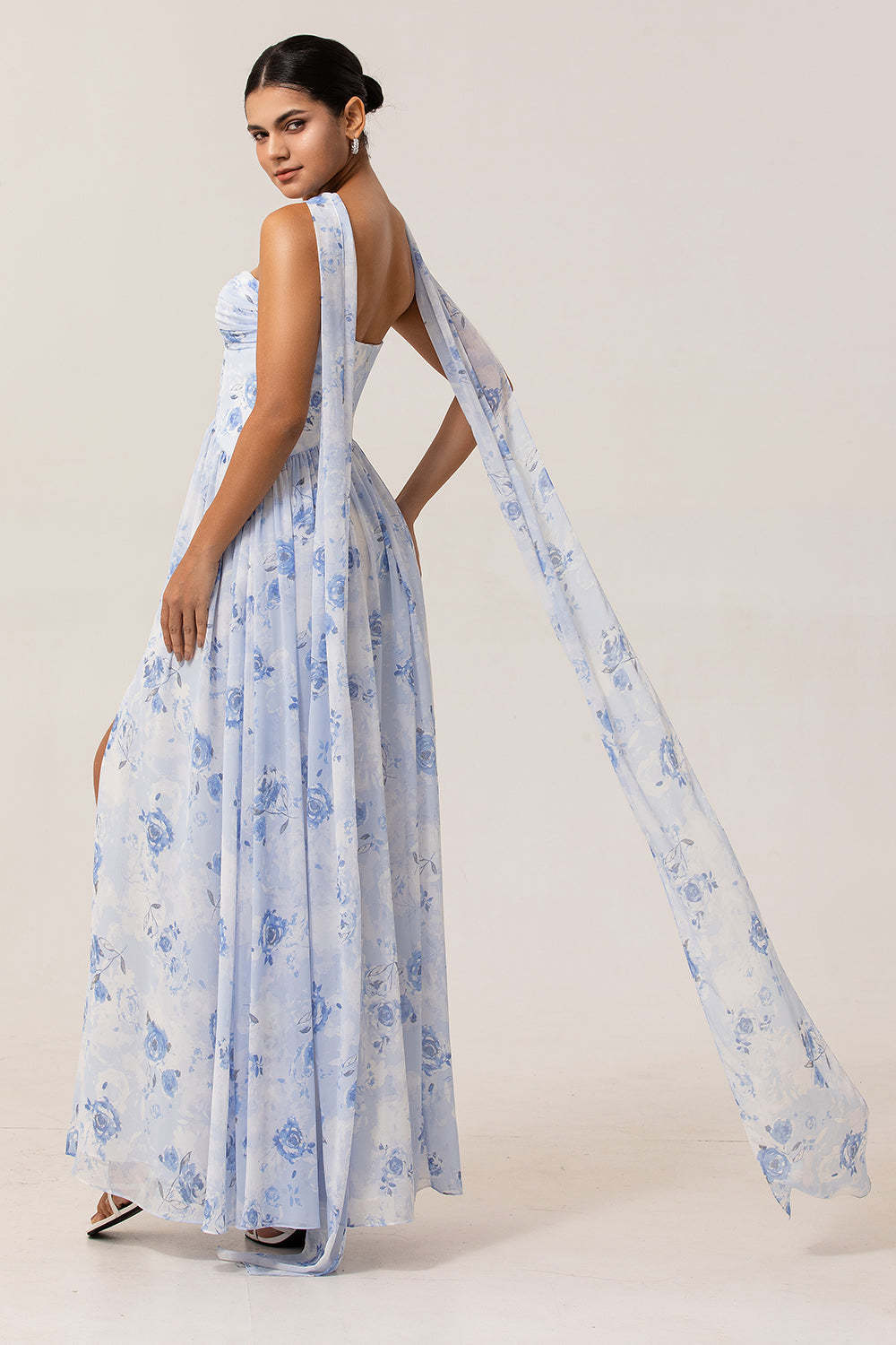 Blue Corset Floral Neck Scarf Maxi Wedding Guest Dress with Slit