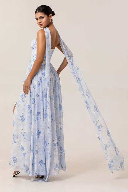 Blue Corset Floral Neck Scarf Maxi Wedding Guest Dress with Slit