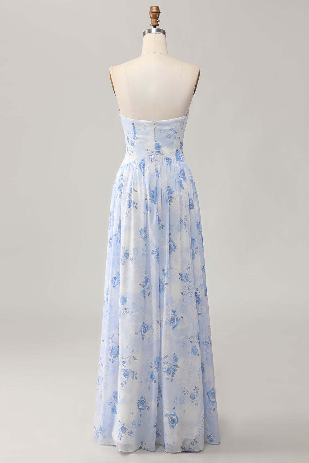 Blue Floral Corset Neck Scarf Maxi A Line Wedding Guest Dress with Slit