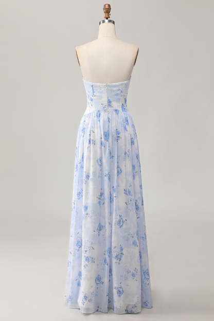 Blue Floral Corset Neck Scarf Maxi A Line Wedding Guest Dress with Slit