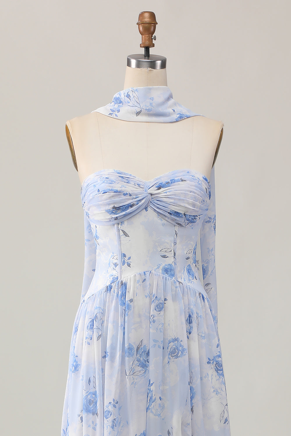 Blue Floral Corset Neck Scarf Maxi A Line Wedding Guest Dress with Slit